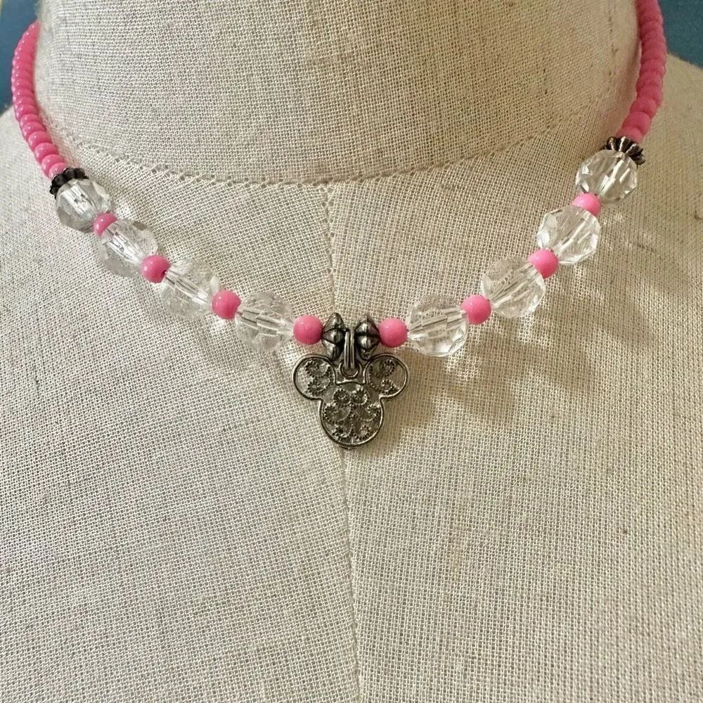 pink beaded and silver tone mini mouse pendant necklace